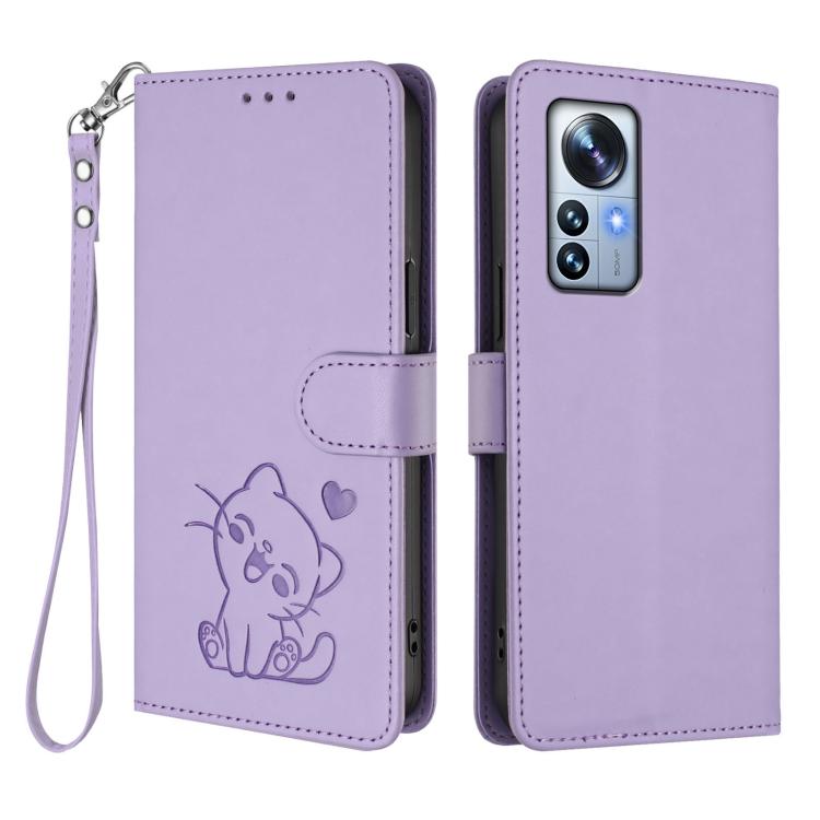 For Xiaomi 12 Pro / 12S Pro Embossed Heart Cat Leather Phone Case with Hand Strap