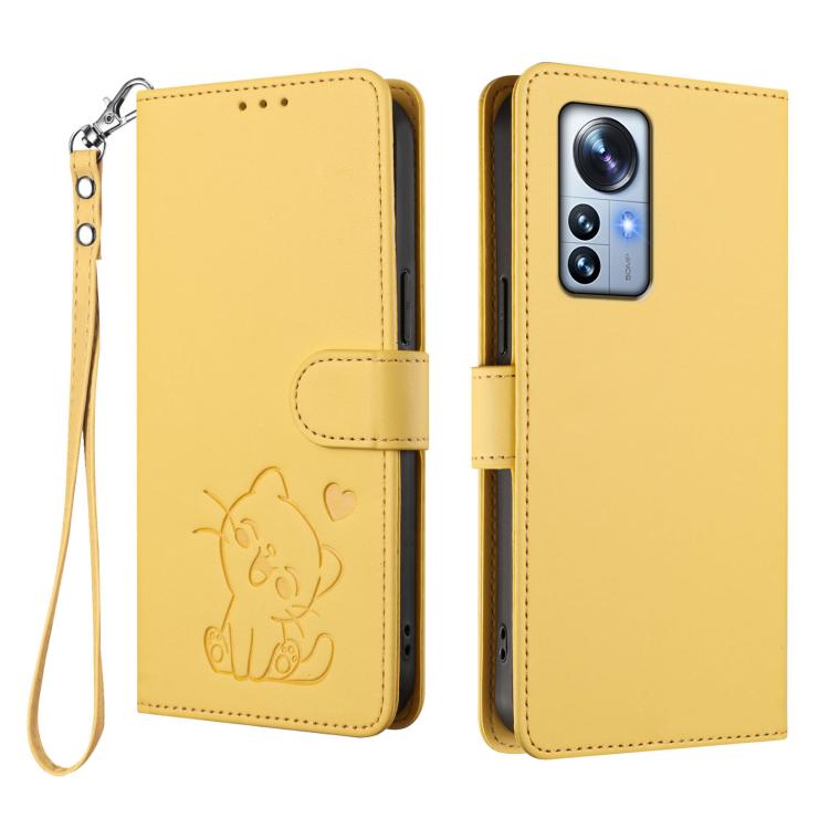 For Xiaomi 12 Pro / 12S Pro Embossed Heart Cat Leather Phone Case with Hand Strap