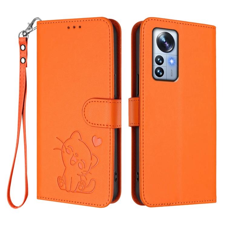 For Xiaomi 12 Pro / 12S Pro Embossed Heart Cat Leather Phone Case with Hand Strap