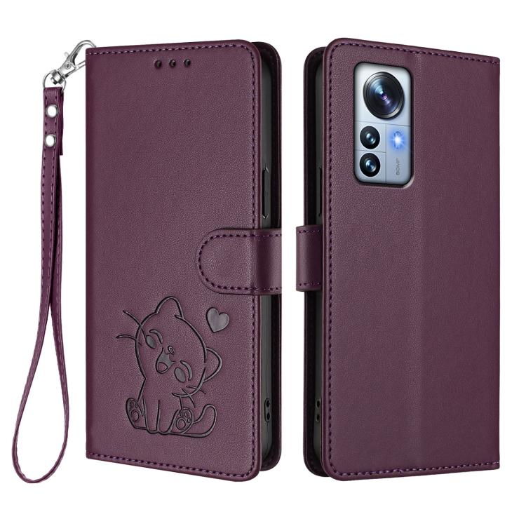 For Xiaomi 12 Pro / 12S Pro Embossed Heart Cat Leather Phone Case with Hand Strap