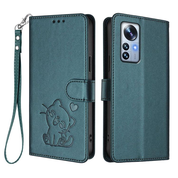 For Xiaomi 12 Pro / 12S Pro Embossed Heart Cat Leather Phone Case with Hand Strap