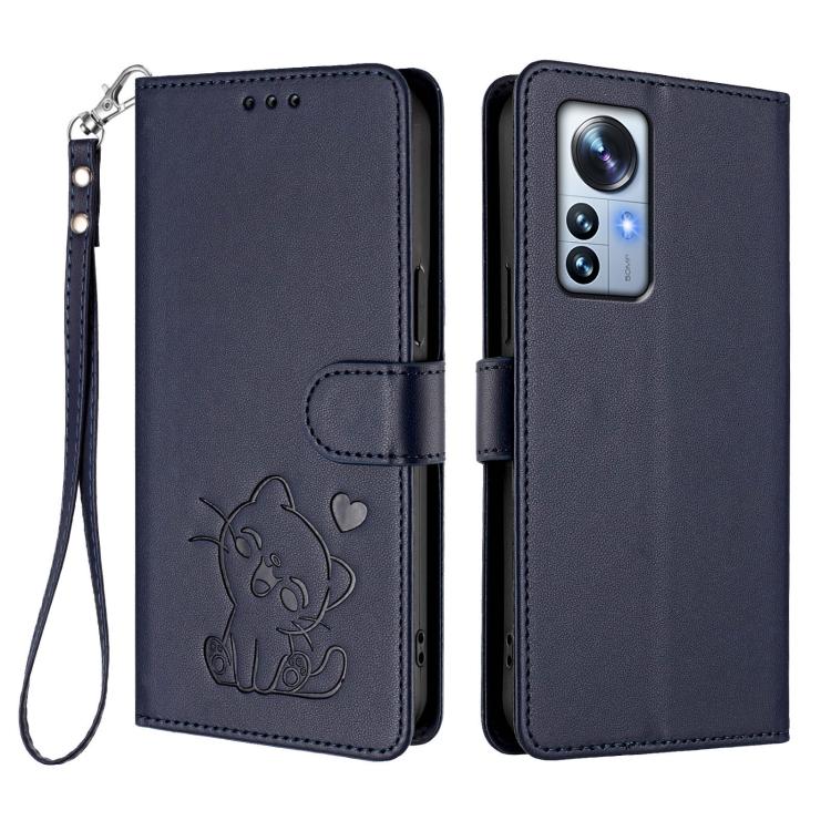 For Xiaomi 12 Pro / 12S Pro Embossed Heart Cat Leather Phone Case with Hand Strap