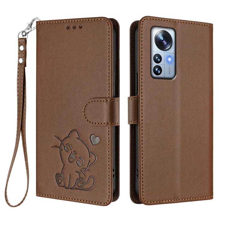 For Xiaomi 12 Pro / 12S Pro Embossed Heart Cat Leather Phone Case with Hand Strap