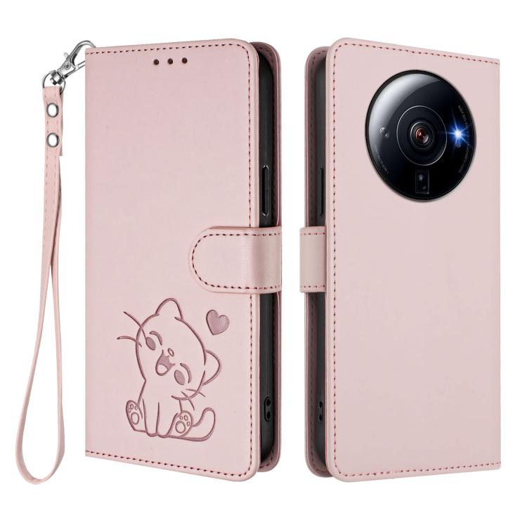 For Xiaomi 12S Ultra Embossed Heart Cat Leather Phone Case with Hand Strap