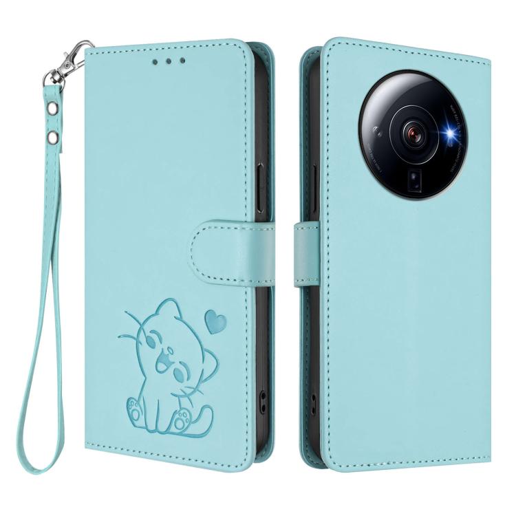 For Xiaomi 12S Ultra Embossed Heart Cat Leather Phone Case with Hand Strap
