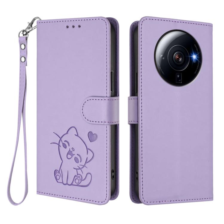 For Xiaomi 12S Ultra Embossed Heart Cat Leather Phone Case with Hand Strap