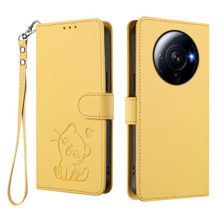 For Xiaomi 12S Ultra Embossed Heart Cat Leather Phone Case with Hand Strap