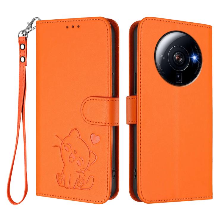 For Xiaomi 12S Ultra Embossed Heart Cat Leather Phone Case with Hand Strap