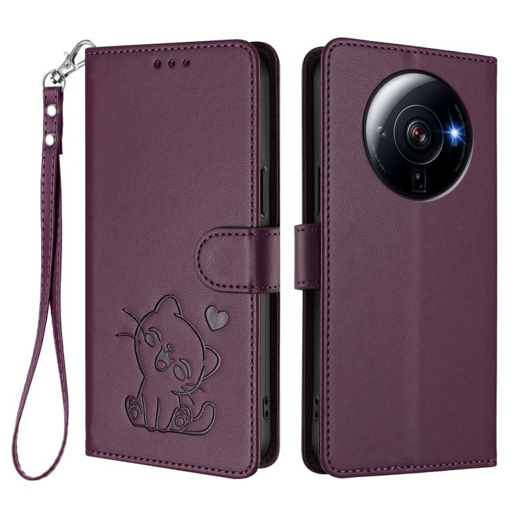 For Xiaomi 12S Ultra Embossed Heart Cat Leather Phone Case with Hand Strap