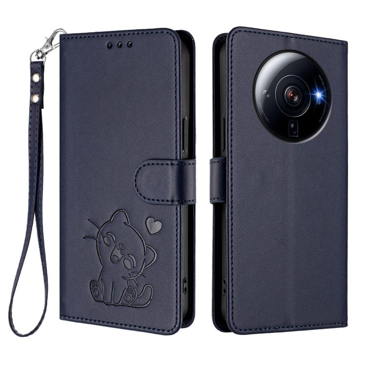 For Xiaomi 12S Ultra Embossed Heart Cat Leather Phone Case with Hand Strap