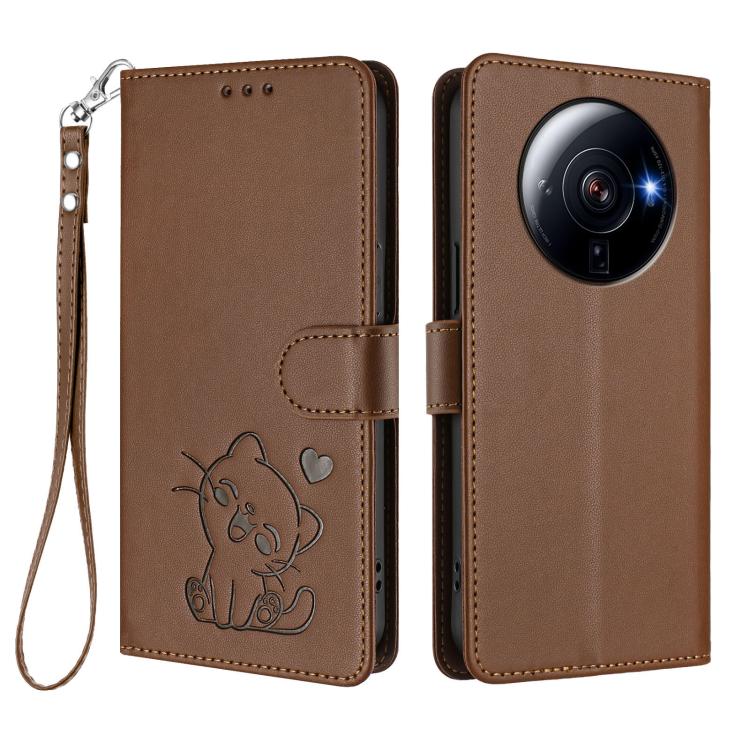 For Xiaomi 12S Ultra Embossed Heart Cat Leather Phone Case with Hand Strap