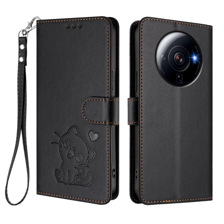 For Xiaomi 12S Ultra Embossed Heart Cat Leather Phone Case with Hand Strap