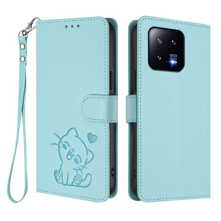 For Xiaomi 13 5G Embossed Heart Cat Leather Phone Case with Hand Strap