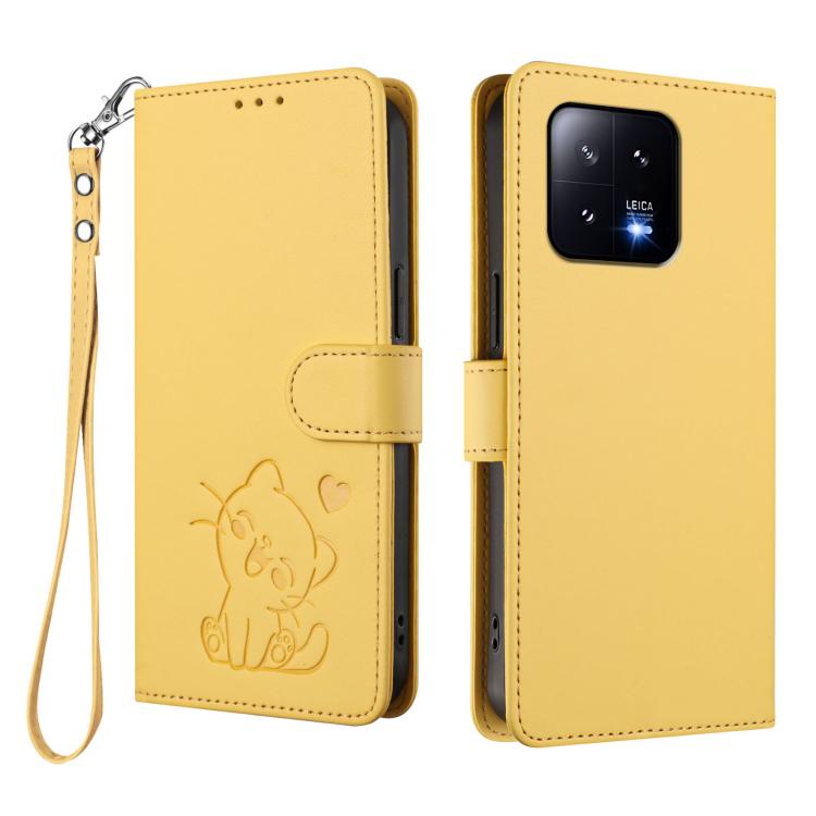 For Xiaomi 13 5G Embossed Heart Cat Leather Phone Case with Hand Strap
