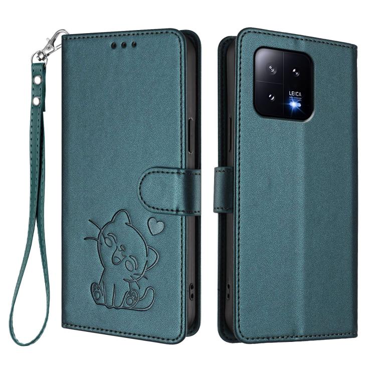 For Xiaomi 13 5G Embossed Heart Cat Leather Phone Case with Hand Strap