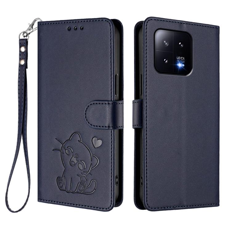 For Xiaomi 13 5G Embossed Heart Cat Leather Phone Case with Hand Strap