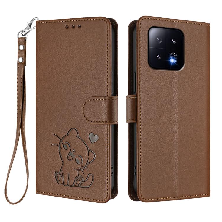 For Xiaomi 13 5G Embossed Heart Cat Leather Phone Case with Hand Strap