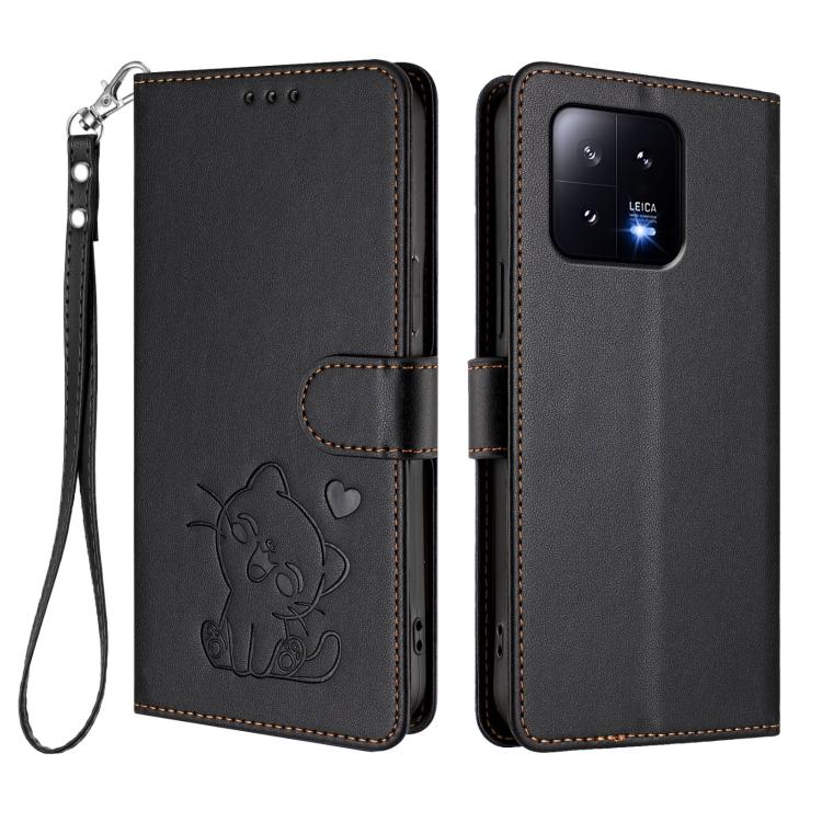For Xiaomi 13 5G Embossed Heart Cat Leather Phone Case with Hand Strap
