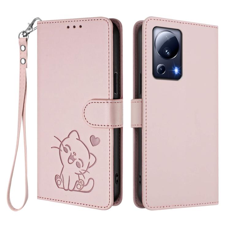For Xiaomi 13 Lite 5G / Civi 2 Embossed Heart Cat Leather Phone Case with Hand Strap