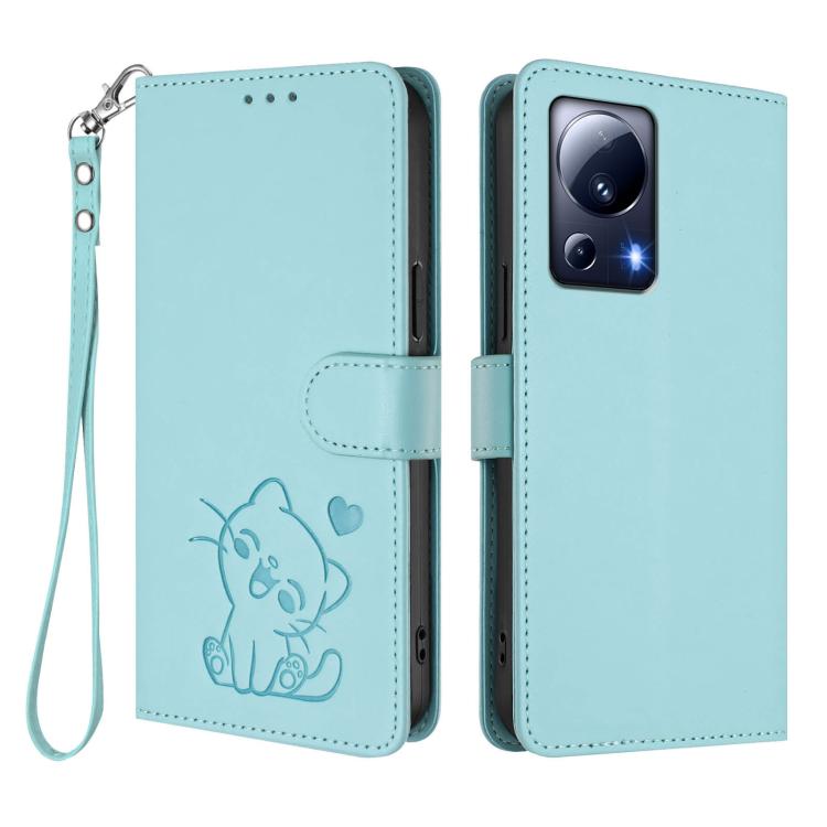 For Xiaomi 13 Lite 5G / Civi 2 Embossed Heart Cat Leather Phone Case with Hand Strap
