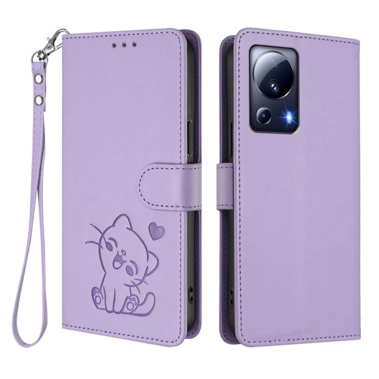 For Xiaomi 13 Lite 5G / Civi 2 Embossed Heart Cat Leather Phone Case with Hand Strap