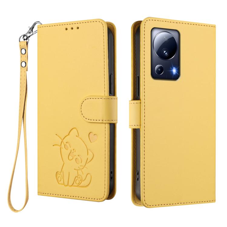 For Xiaomi 13 Lite 5G / Civi 2 Embossed Heart Cat Leather Phone Case with Hand Strap
