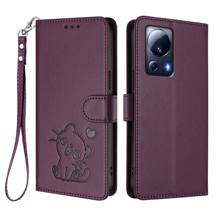 For Xiaomi 13 Lite 5G / Civi 2 Embossed Heart Cat Leather Phone Case with Hand Strap