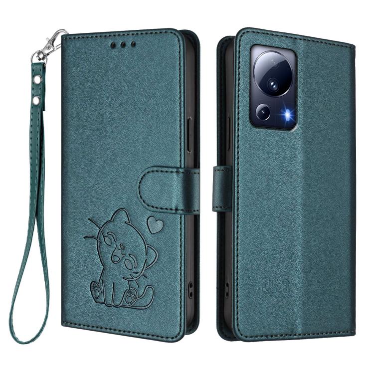 For Xiaomi 13 Lite 5G / Civi 2 Embossed Heart Cat Leather Phone Case with Hand Strap
