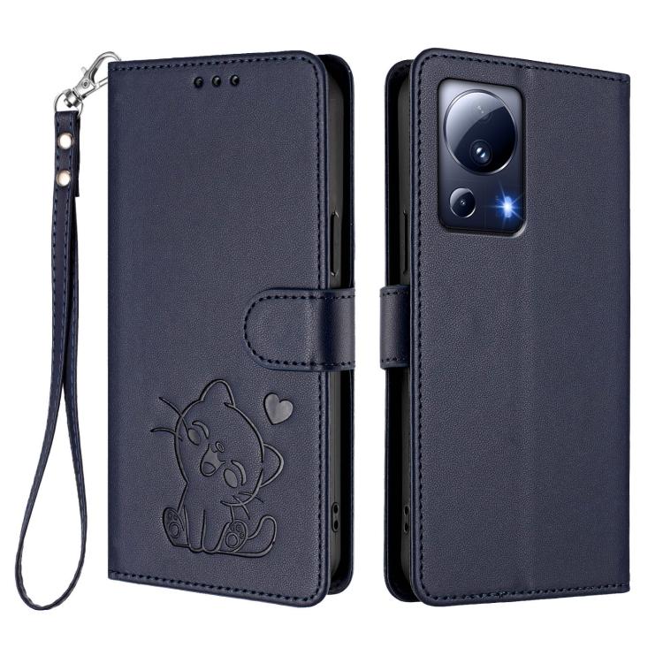 For Xiaomi 13 Lite 5G / Civi 2 Embossed Heart Cat Leather Phone Case with Hand Strap