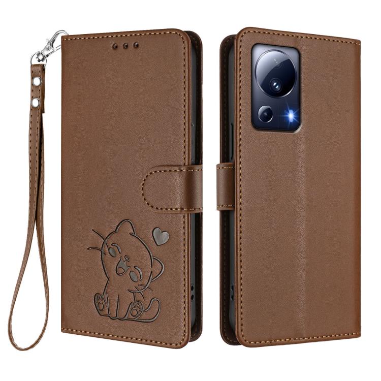 For Xiaomi 13 Lite 5G / Civi 2 Embossed Heart Cat Leather Phone Case with Hand Strap