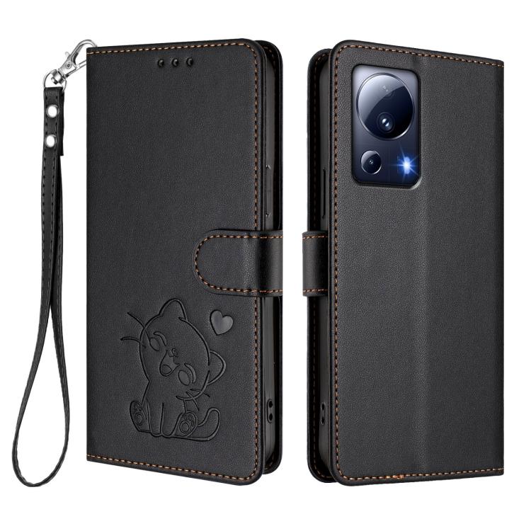 For Xiaomi 13 Lite 5G / Civi 2 Embossed Heart Cat Leather Phone Case with Hand Strap