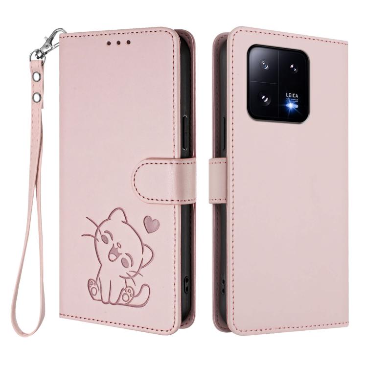 For Xiaomi 13 Pro 5G Embossed Heart Cat Leather Phone Case with Hand Strap