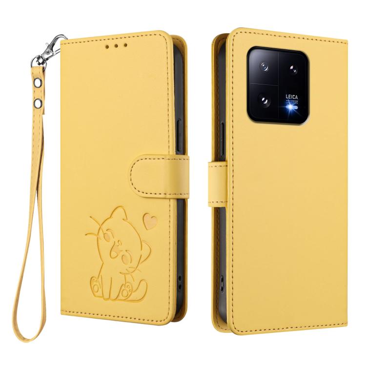 For Xiaomi 13 Pro 5G Embossed Heart Cat Leather Phone Case with Hand Strap