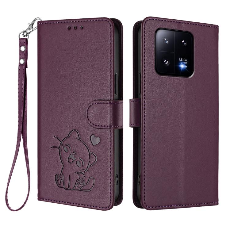 For Xiaomi 13 Pro 5G Embossed Heart Cat Leather Phone Case with Hand Strap