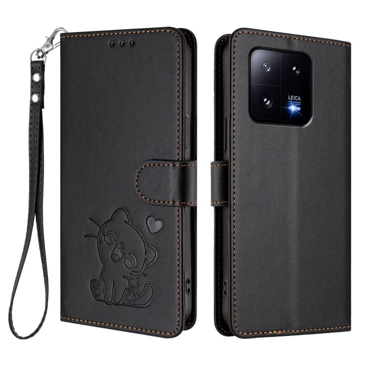 For Xiaomi 13 Pro 5G Embossed Heart Cat Leather Phone Case with Hand Strap