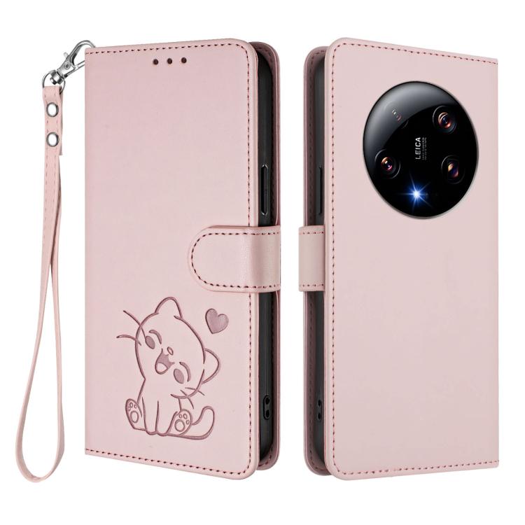 For Xiaomi 13 Ultra Embossed Heart Cat Leather Phone Case with Hand Strap