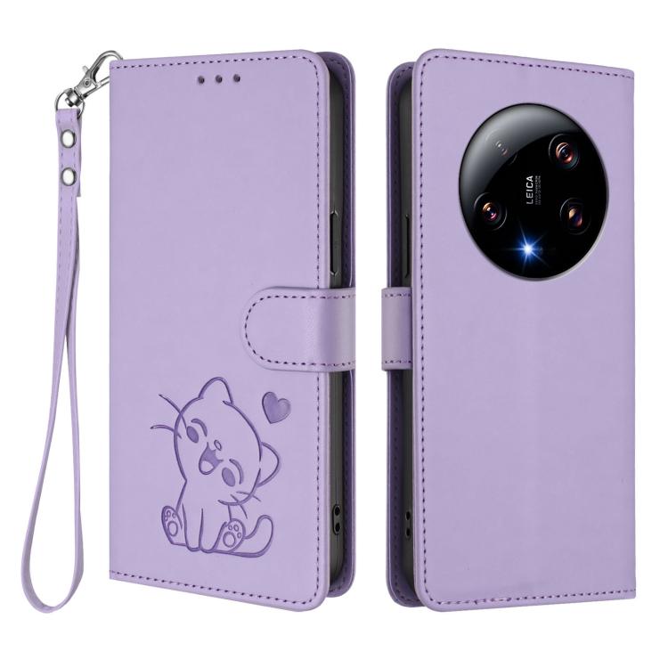For Xiaomi 13 Ultra Embossed Heart Cat Leather Phone Case with Hand Strap