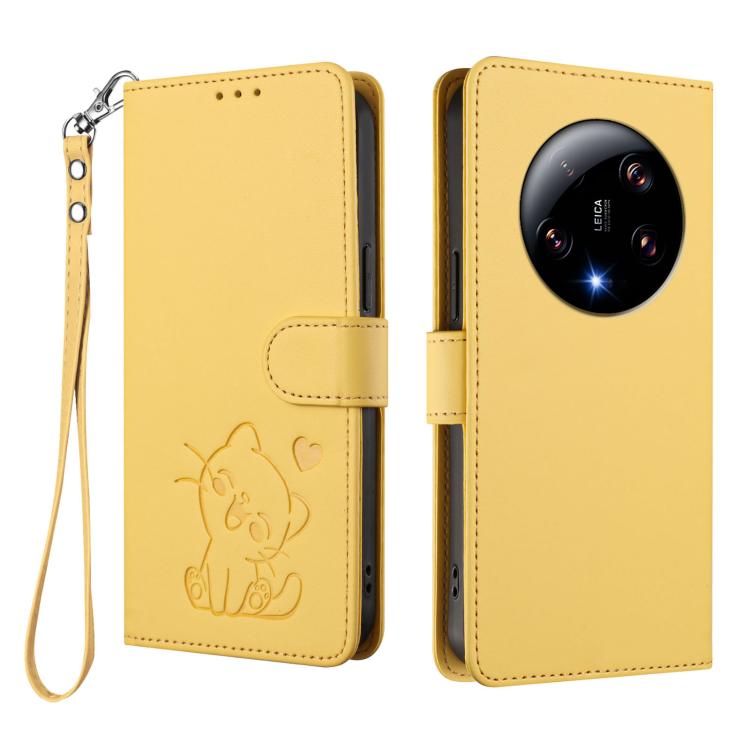 For Xiaomi 13 Ultra Embossed Heart Cat Leather Phone Case with Hand Strap