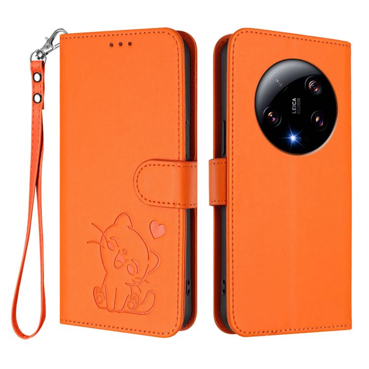 For Xiaomi 13 Ultra Embossed Heart Cat Leather Phone Case with Hand Strap