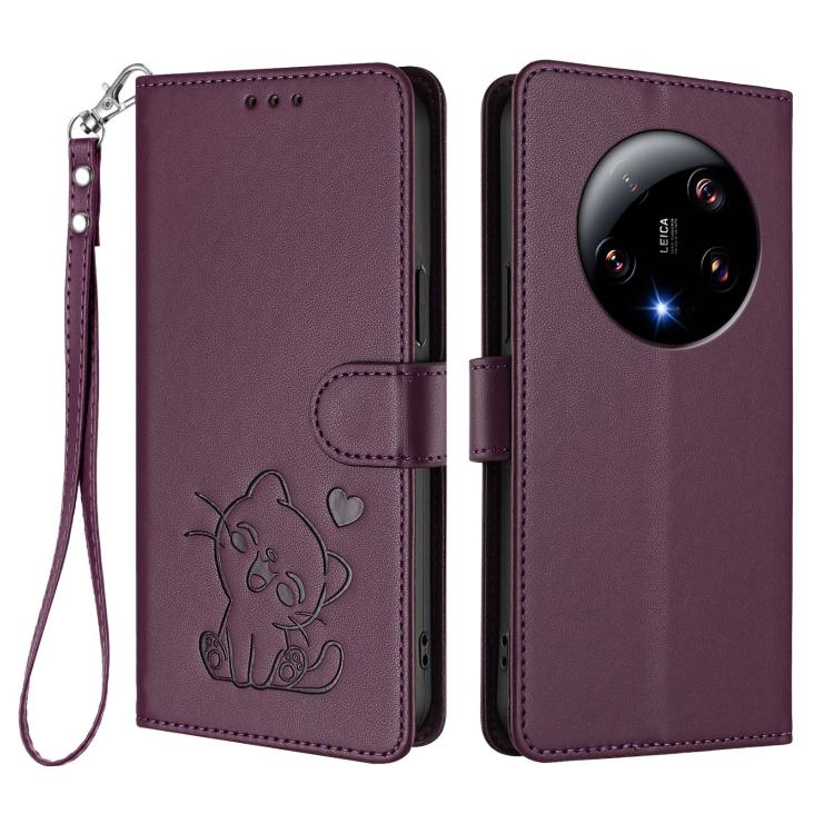For Xiaomi 13 Ultra Embossed Heart Cat Leather Phone Case with Hand Strap