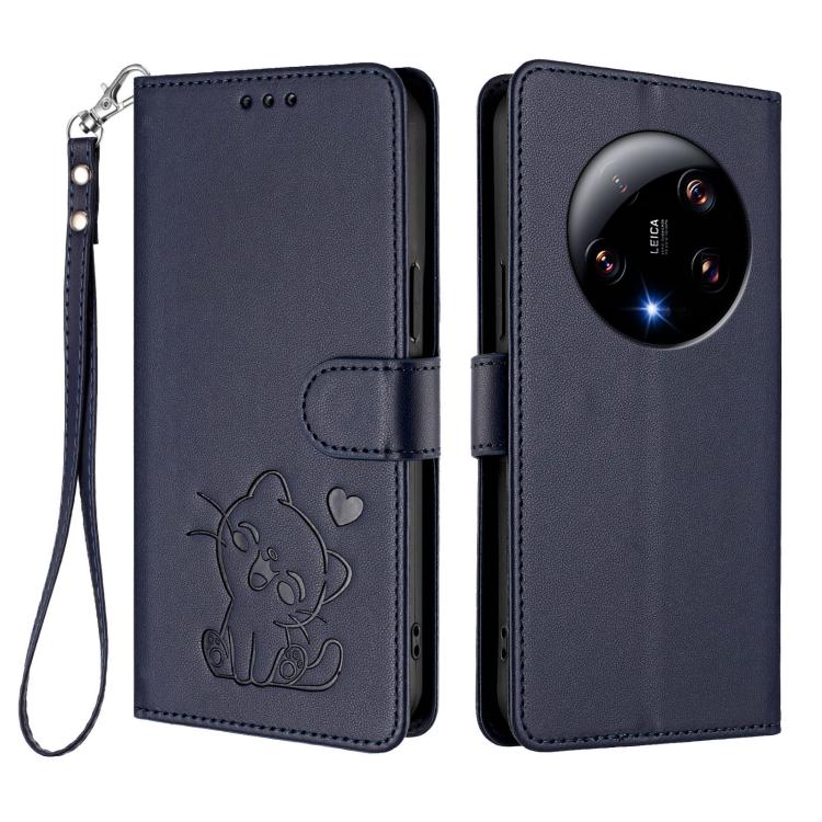 For Xiaomi 13 Ultra Embossed Heart Cat Leather Phone Case with Hand Strap