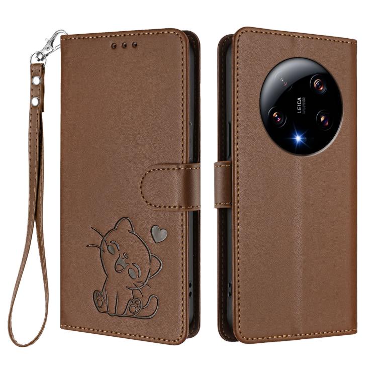 For Xiaomi 13 Ultra Embossed Heart Cat Leather Phone Case with Hand Strap