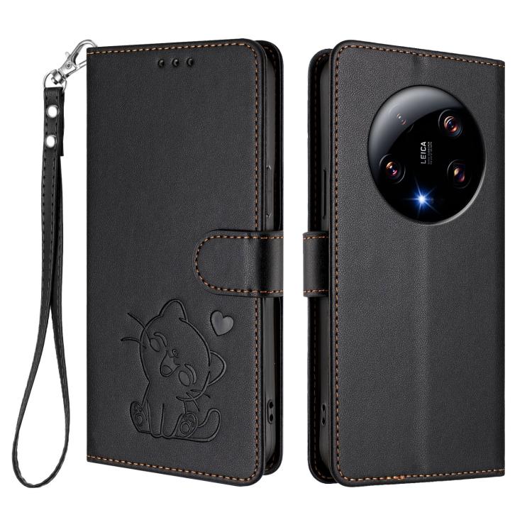 For Xiaomi 13 Ultra Embossed Heart Cat Leather Phone Case with Hand Strap