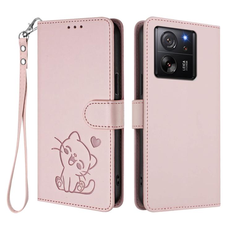 For Xiaomi 13T / 13T Pro 5G Embossed Heart Cat Leather Phone Case with Hand Strap
