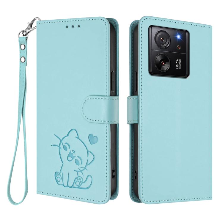 For Xiaomi 13T / 13T Pro 5G Embossed Heart Cat Leather Phone Case with Hand Strap