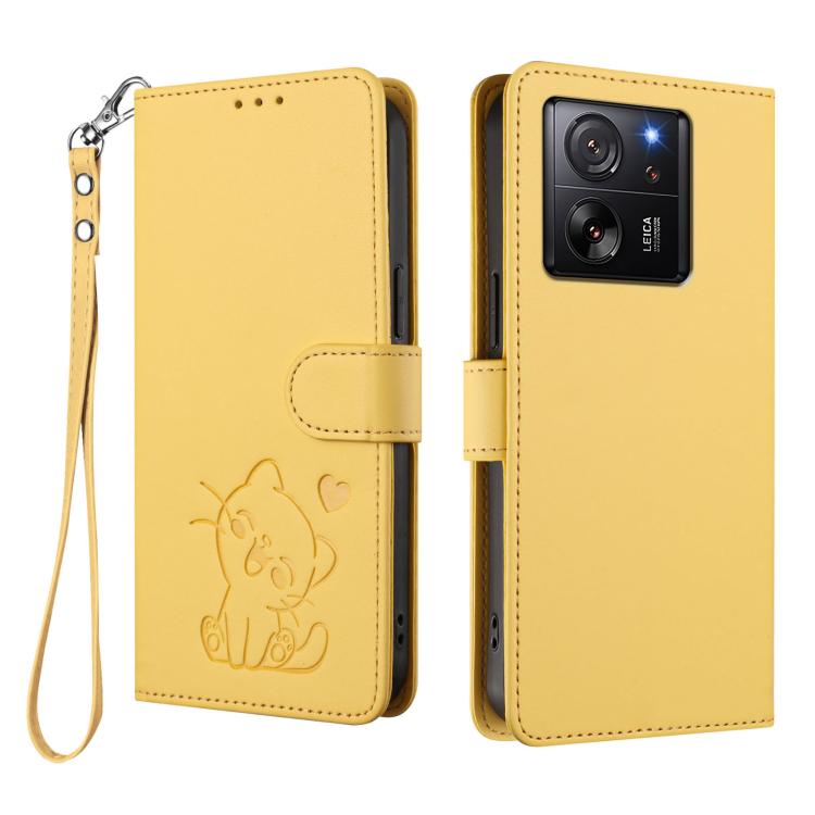 For Xiaomi 13T / 13T Pro 5G Embossed Heart Cat Leather Phone Case with Hand Strap