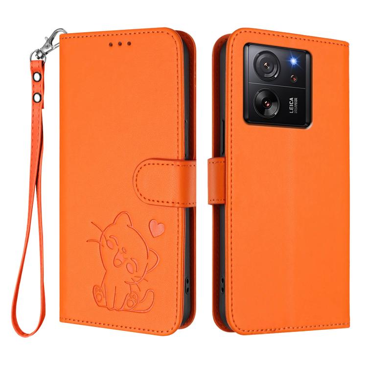 For Xiaomi 13T / 13T Pro 5G Embossed Heart Cat Leather Phone Case with Hand Strap