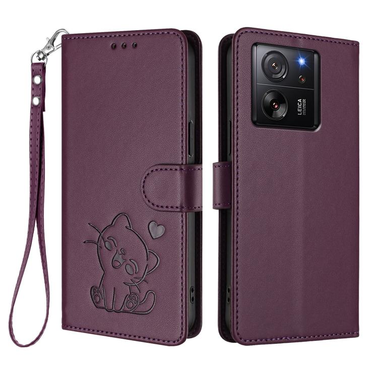 For Xiaomi 13T / 13T Pro 5G Embossed Heart Cat Leather Phone Case with Hand Strap