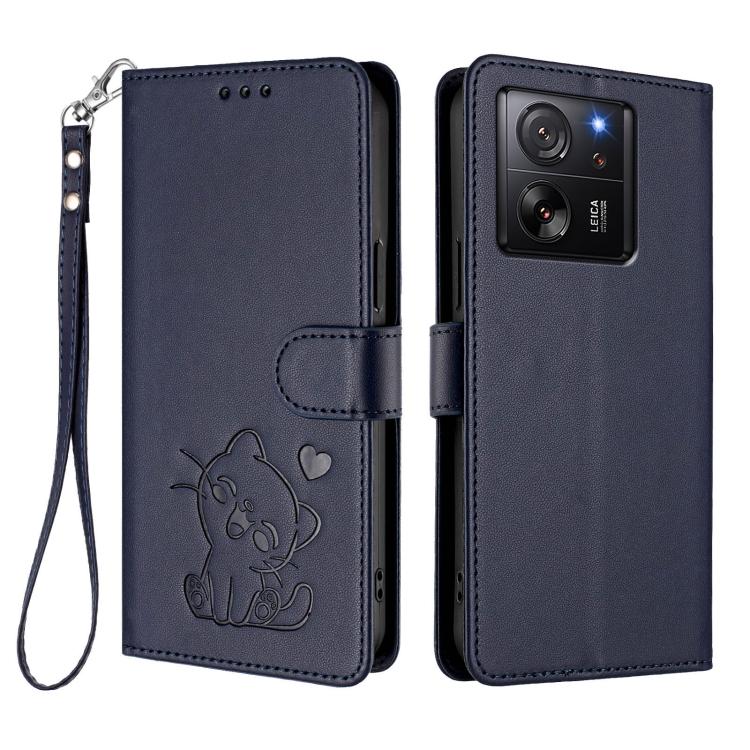 For Xiaomi 13T / 13T Pro 5G Embossed Heart Cat Leather Phone Case with Hand Strap