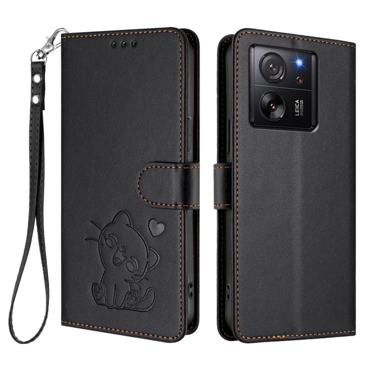 For Xiaomi 13T / 13T Pro 5G Embossed Heart Cat Leather Phone Case with Hand Strap